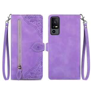 For TCL 40 XE Embossed Flower Zipper Leather Phone Case(Purple)