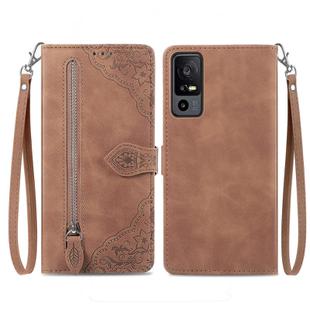 For TCL 40 XE Embossed Flower Zipper Leather Phone Case(Brown)