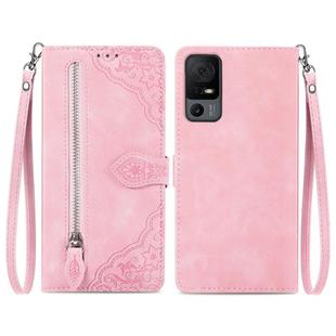 For TCL 40 XL Embossed Flower Zipper Leather Phone Case(Pink)