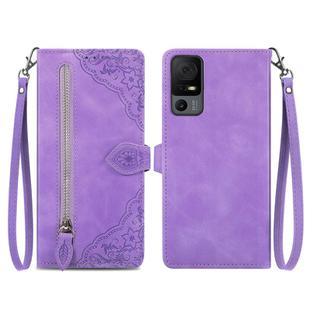 For TCL 40 XL Embossed Flower Zipper Leather Phone Case(Purple)