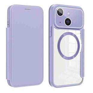 For iPhone 15 Plus Colored Shield MagSafe Magnetic RFID Anti-theft Leather Phone Case(Purple)