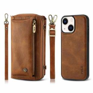 For iPhone 13 Crossbody Multi-functional Zipper Wallet Leather Phone Case(Brown)