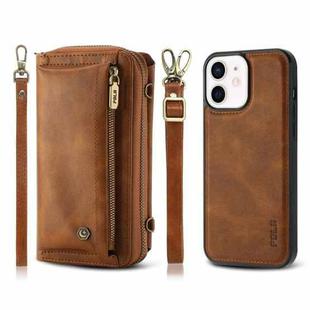 For iPhone 12 Crossbody Multi-functional Zipper Wallet Leather Phone Case(Brown)