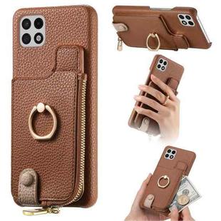 For Samsung Galaxy A22 5G Litchi Leather Oil Edge Ring Zipper Wallet Back Phone Case(Brown)