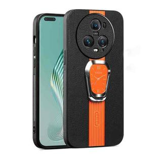 For Honor Magic5 Pro Magnetic Litchi Leather Back Phone Case with Holder(Orange)