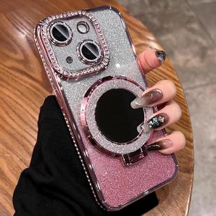 For iPhone 15 Plus MagSafe Rhinestone Mirror Glitter TPU Phone Case(Sakura Pink)