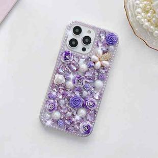 For iPhone 15 Pro Max Rose Hand-set Diamond PC Phone Case(Purple)