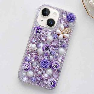 For iPhone 15 Plus Rose Hand-set Diamond PC Phone Case(Purple)
