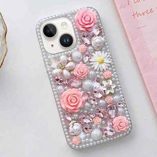 For iPhone 14 Rose Hand-set Diamond PC Phone Case(Pink)