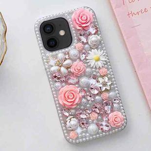 For iPhone 12 mini Rose Hand-set Diamond PC Phone Case(Pink)