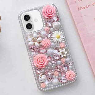 For iPhone 16 Rose Hand-set Diamond PC Phone Case(Pink)