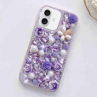 For iPhone 16 Rose Hand-set Diamond PC Phone Case(Purple)