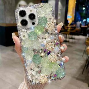For iPhone 15 Pro Max Rose Hand-set Pearl Diamond PC Phone Case(Green)