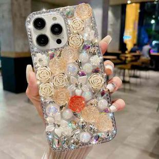 For iPhone 15 Pro Rose Hand-set Pearl Diamond PC Phone Case(Apricot)