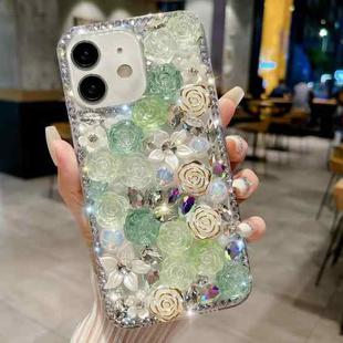 For iPhone 15 Plus Rose Hand-set Pearl Diamond PC Phone Case(Green)