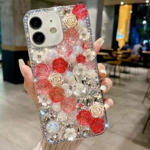 For iPhone 15 Rose Hand-set Pearl Diamond PC Phone Case(Red)