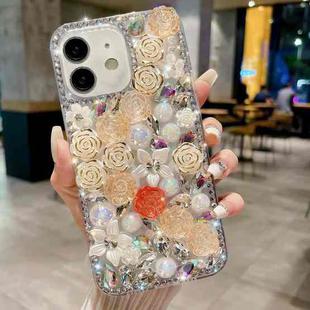 For iPhone 15 Rose Hand-set Pearl Diamond PC Phone Case(Apricot)