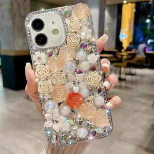 For iPhone 14 Plus Rose Hand-set Pearl Diamond PC Phone Case(Apricot)