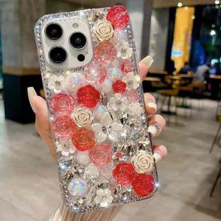 For iPhone 14 Pro Max Rose Hand-set Pearl Diamond PC Phone Case(Red)