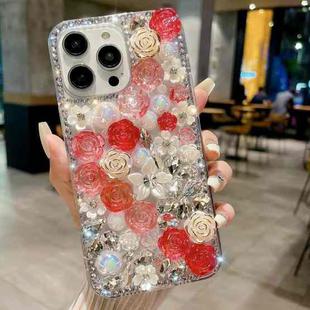 For iPhone 13 Pro Rose Hand-set Pearl Diamond PC Phone Case(Red)