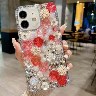 For iPhone 12 Rose Hand-set Pearl Diamond PC Phone Case(Red)