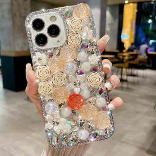 For iPhone 11 Pro Max Rose Hand-set Pearl Diamond PC Phone Case(Apricot)