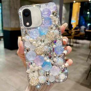 For iPhone XR Rose Hand-set Pearl Diamond PC Phone Case(Blue)