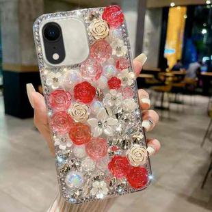 For iPhone XR Rose Hand-set Pearl Diamond PC Phone Case(Red)