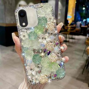 For iPhone XR Rose Hand-set Pearl Diamond PC Phone Case(Green)