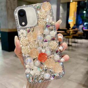 For iPhone XR Rose Hand-set Pearl Diamond PC Phone Case(Apricot)
