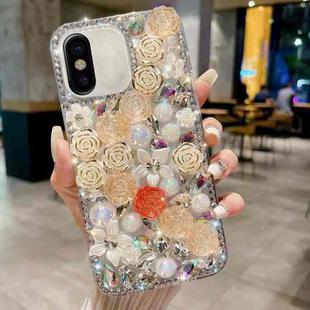 For iPhone X / XS Rose Hand-set Pearl Diamond PC Phone Case(Apricot)