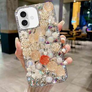 For iPhone 16 Rose Hand-set Pearl Diamond PC Phone Case(Apricot)