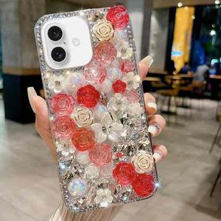 For iPhone 16 Plus Rose Hand-set Pearl Diamond PC Phone Case(Red)