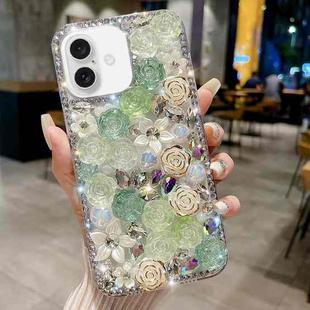 For iPhone 16 Plus Rose Hand-set Pearl Diamond PC Phone Case(Green)