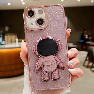 For iPhone 15 Glitter Electroplating Astronaut Holder Phone Case(Pink)
