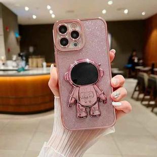 For iPhone 12 Pro Glitter Electroplating Astronaut Holder Phone Case(Pink)