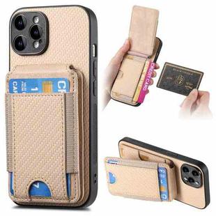 For iPhone 15 Pro Max Carbon Fiber Vertical Flip Wallet Stand Phone Case(Khaki)