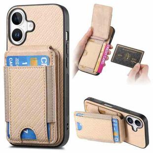 For iPhone 16 Carbon Fiber Vertical Flip Wallet Stand Phone Case(Khaki)