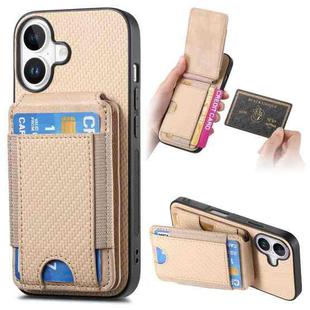 For iPhone 16 Plus Carbon Fiber Vertical Flip Wallet Stand Phone Case(Khaki)