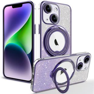 For iPhone 14 Plus Rotation MagSafe Holder Gradient Glitter TPU Phone Case(Night Purple)