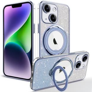 For iPhone 14 Plus Rotation MagSafe Holder Gradient Glitter TPU Phone Case(Sierra Blue)