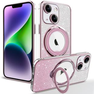 For iPhone 14 Plus Rotation MagSafe Holder Gradient Glitter TPU Phone Case(Pink)
