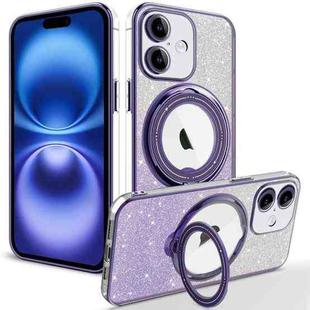 For iPhone 16 Rotation MagSafe Holder Gradient Glitter TPU Phone Case(Night Purple)