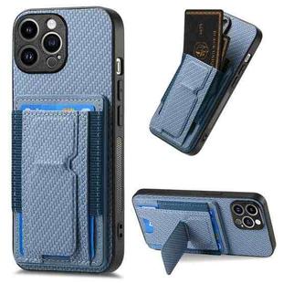 For iPhone 15 Pro Carbon Fiber Fold Stand Elastic Card Bag Phone Case(Blue)