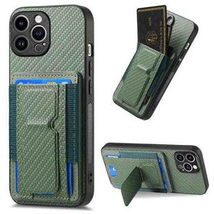 For iPhone 15 Pro Carbon Fiber Fold Stand Elastic Card Bag Phone Case(Green)