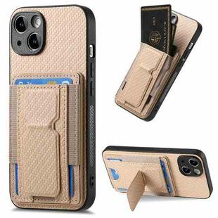 For iPhone 15 Plus Carbon Fiber Fold Stand Elastic Card Bag Phone Case(Khaki)