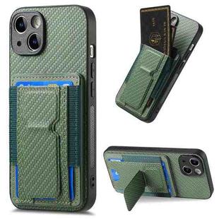 For iPhone 15 Carbon Fiber Fold Stand Elastic Card Bag Phone Case(Green)