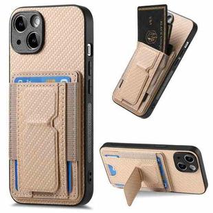 For iPhone 14 Carbon Fiber Fold Stand Elastic Card Bag Phone Case(Khaki)