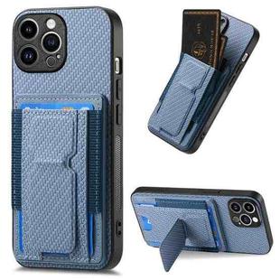 For iPhone 14 Pro Max Carbon Fiber Fold Stand Elastic Card Bag Phone Case(Blue)