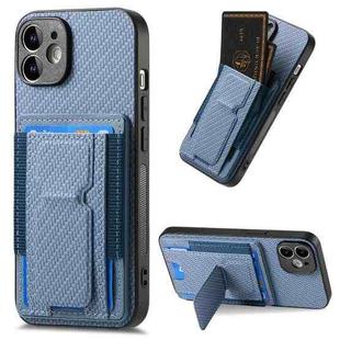 For iPhone 12 Carbon Fiber Fold Stand Elastic Card Bag Phone Case(Blue)